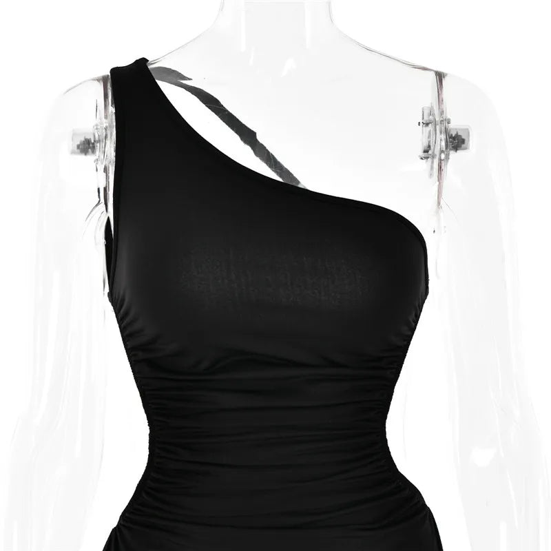 One Shoulder Diagonal Collar Backless Sexy Maxi Dress For Women Robe Fashion Off-shoulder Sleeveless High Split Dress