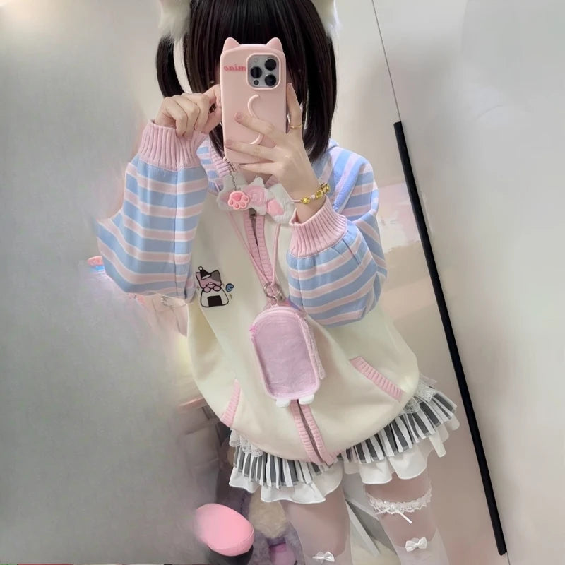 Japanese Stripe Patchwork Cardigans Women Y2k Aesthetic Cartoon Embroidery Sweater Streetwear Hooded Grunge Loose Zipper Coats