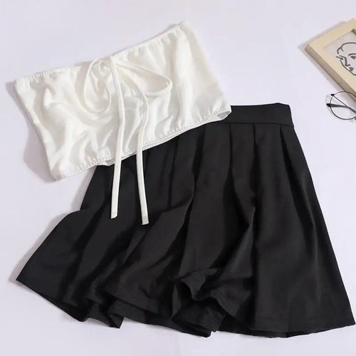 Load image into Gallery viewer, Summer Solid Eleagnt Two-piece Set Women Backless Sleeveless Strapless Lace-up Tops And High Waist Mini Pleated Skirt Suit 2024
