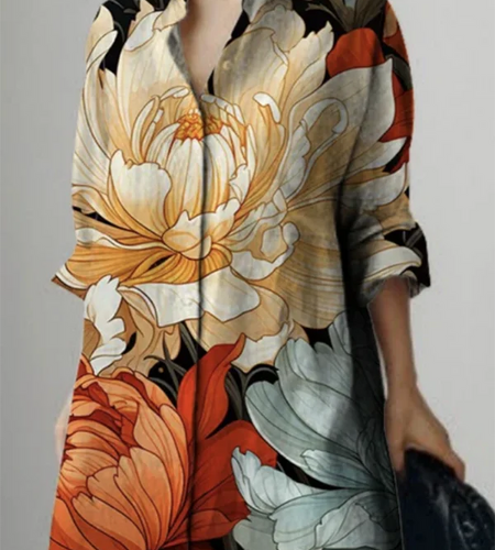 Spring Autumn 2025 New Trendy Flower Print Lapel Maxi Dresses Women Long Sleeves Loose Woman Button-down Shirt Dress