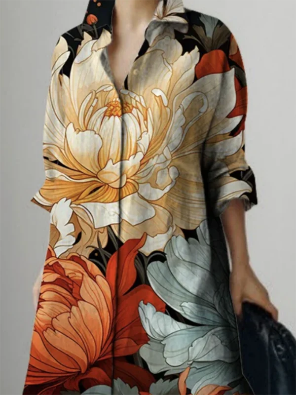 Spring Autumn 2025 New Trendy Flower Print Lapel Maxi Dresses Women Long Sleeves Loose Woman Button-down Shirt Dress