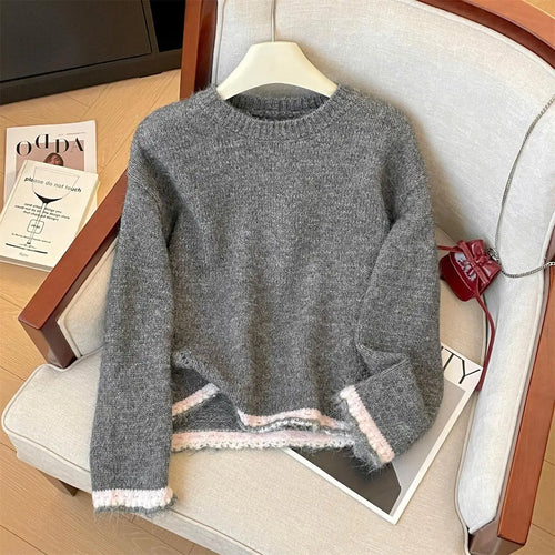 Load image into Gallery viewer, French Fashion Autumn Winter Beige Red Patchwork Elegant Short Sweater Women's 2024 New Grey Round Neck Long Sleeved Knitted Top
