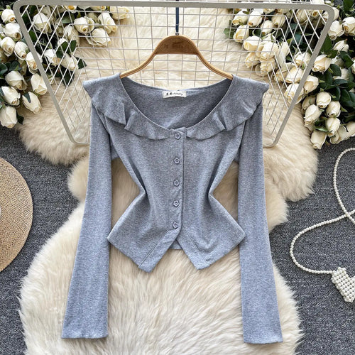 Load image into Gallery viewer, Vintage Fashion Women's Sweet Solid Single Breasted Long Sleeved T Shirt Spring Round Neck Ruffle Edge Short Cardigan Tops Trend
