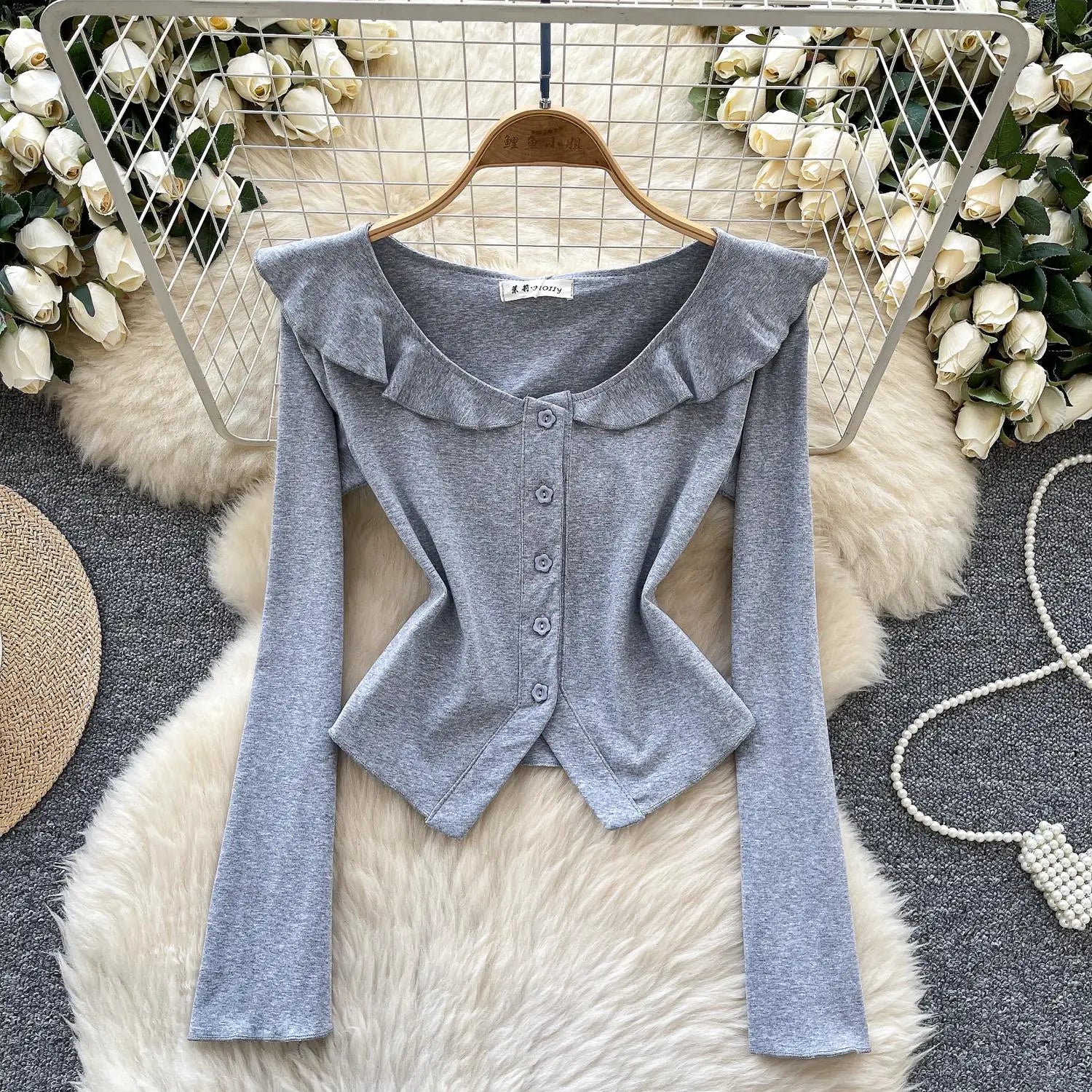 Vintage Fashion Women's Sweet Solid Single Breasted Long Sleeved T Shirt Spring Round Neck Ruffle Edge Short Cardigan Tops Trend
