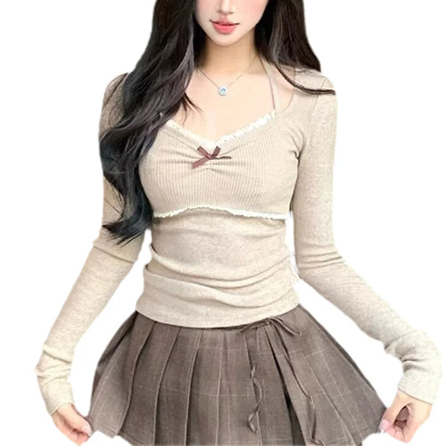 Load image into Gallery viewer, y2k Top Women Fairycore Clothes Lace Trim Long Sleeve Halter Neck T Shirt with Bow 2000s Coquette Clothing Streetwear

