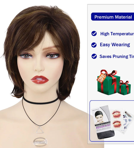 Synthetic Hair Woman Wig Short Natural Wig with Bangs Mix Brown Wig Old Lady Costume Mommy Wigs for Daily Halloween