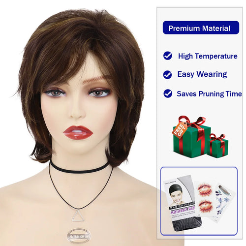 Load image into Gallery viewer, Synthetic Hair Woman Wig Short Natural Wig with Bangs Mix Brown Wig Old Lady Costume Mommy Wigs for Daily Halloween
