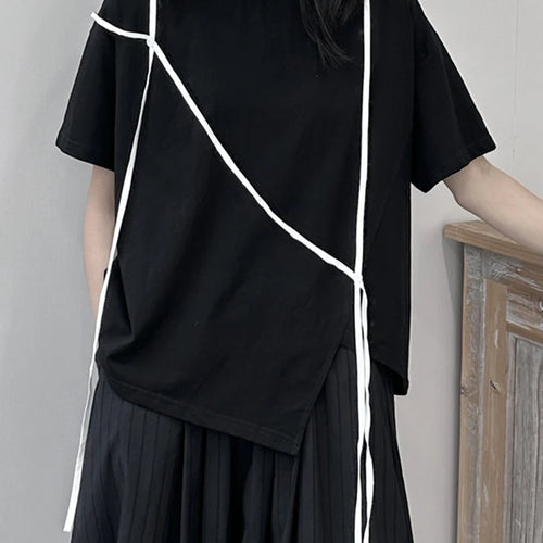 Load image into Gallery viewer, Women White String Desgin Big Size Casual T-shirt New Round Neck Short Sleeve Fashion Tide Spring Summer 2025 1DF9658
