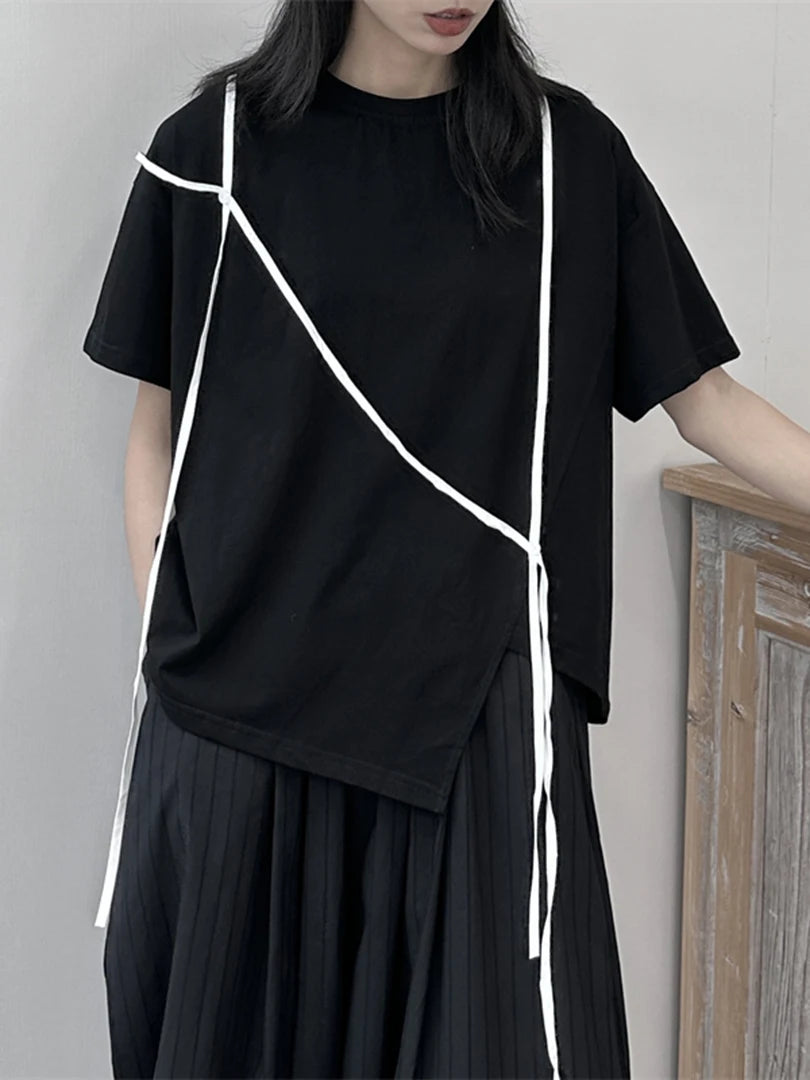 Women White String Desgin Big Size Casual T-shirt New Round Neck Short Sleeve Fashion Tide Spring Summer 2025 1DF9658