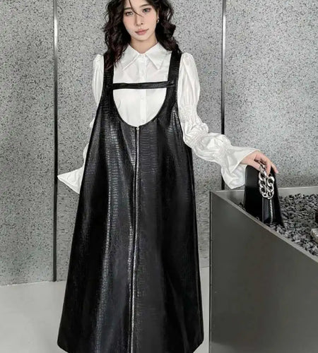 Women Black Big Size PU Leather Zipper Strap Dress New Square Collar Sleeveless Fashion Tide Spring Autumn 2025 1DH4461