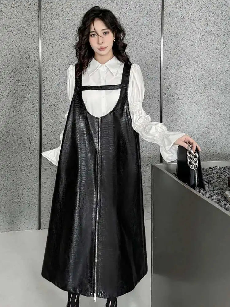 Women Black Big Size PU Leather Zipper Strap Dress New Square Collar Sleeveless Fashion Tide Spring Autumn 2025 1DH4461