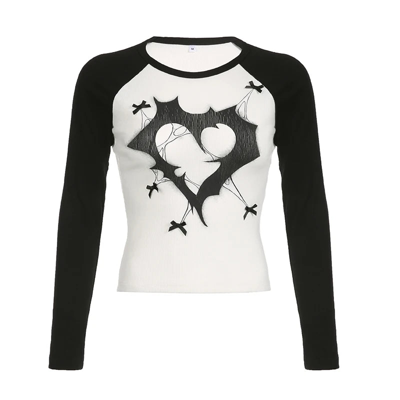 Gothic Bow Printed Graphic T-shirt Women Knitted Harajuku Autumn Tee Shirts Casual Slim Raglan Sleeve Top Pullovers