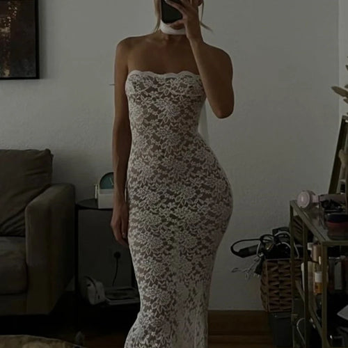 Load image into Gallery viewer, Lace See Through Sexy Midi Dress For Women Fashion Off-shoulder Strapless Sleeveless Backless Bodycon Club Party Dress
