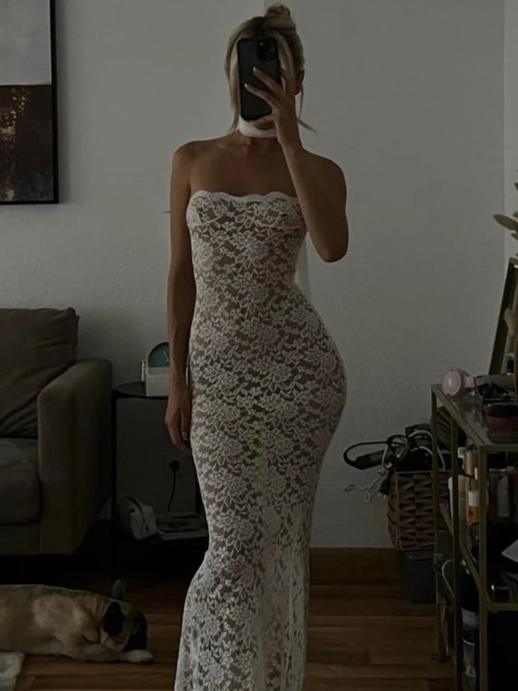 Lace See Through Sexy Midi Dress For Women Fashion Off-shoulder Strapless Sleeveless Backless Bodycon Club Party Dress