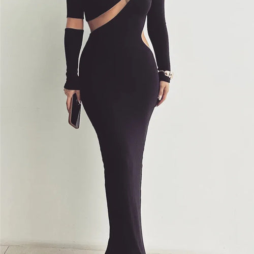 Load image into Gallery viewer, Turtleneck Long Sleeve Bodycon Maxi Dress For Women Autumn New Patchwork Hollow Out Club Party Sexy Long Dress Vestidos
