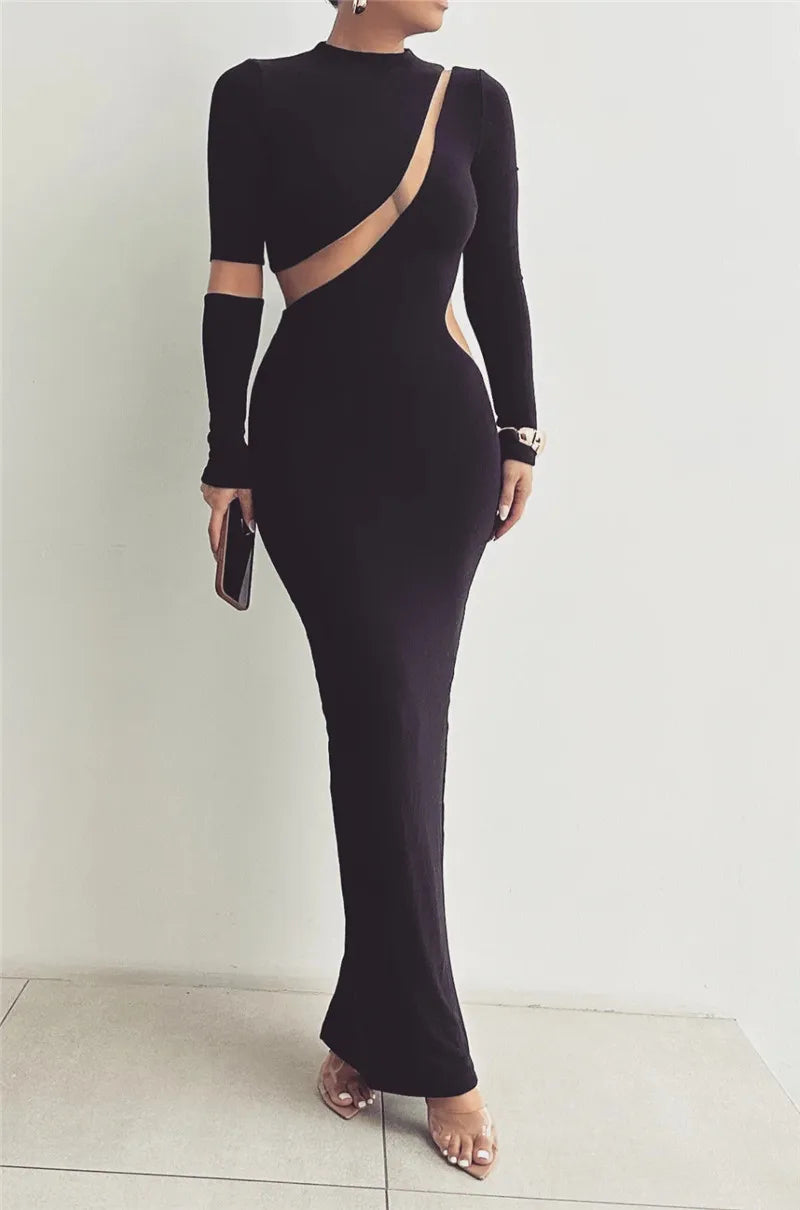 Turtleneck Long Sleeve Bodycon Maxi Dress For Women Autumn New Patchwork Hollow Out Club Party Sexy Long Dress Vestidos