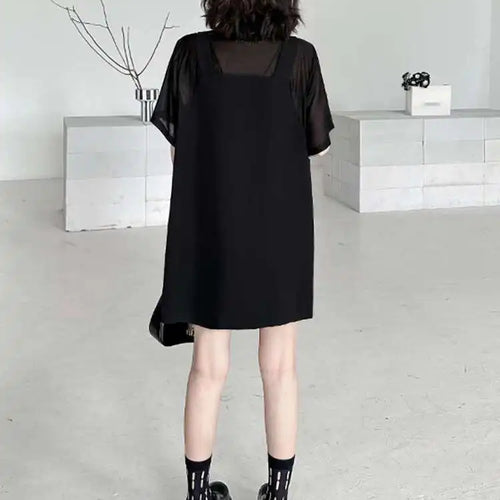 Load image into Gallery viewer, Women Black Pocket Perspective Big Size Mini Shirt Dress New Lapel Half Sleeve Fashion Tide Spring Autumn 2025 1DH5144
