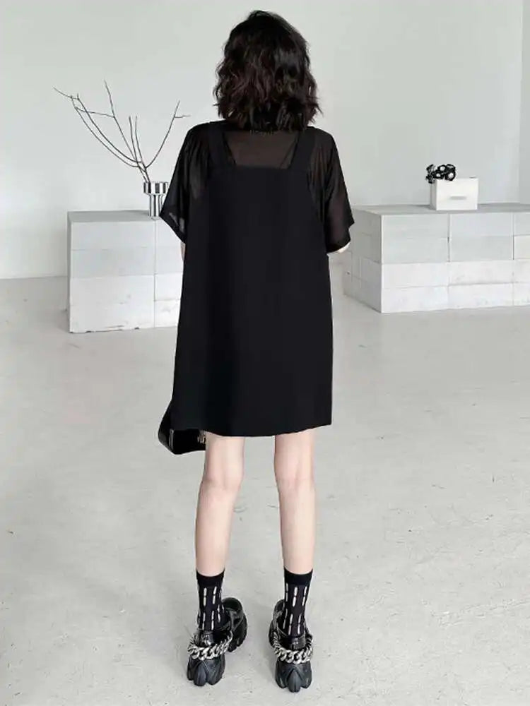 Women Black Pocket Perspective Big Size Mini Shirt Dress New Lapel Half Sleeve Fashion Tide Spring Autumn 2025 1DH5144