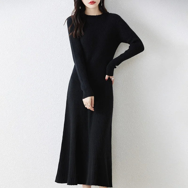 Winter/ Autumn Oneck Female Dresses 100% Wool Knitted Dress For Women 2024 New Arrival  Long Style 6Colors Jumpers