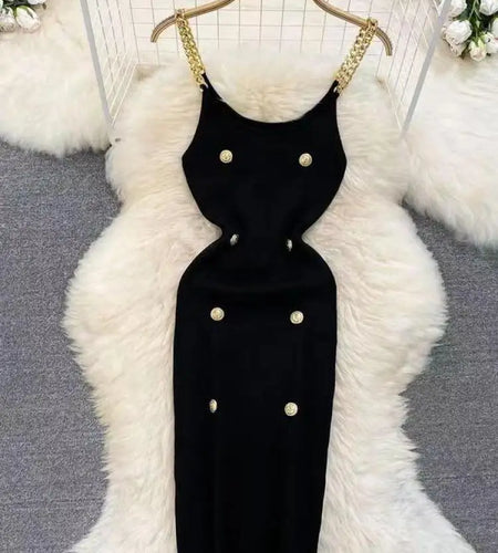 Korean Summer Fashion Women Solid O-neck Button Knitted Midi Dress Sexy Cldub Sleeveless Office Chain Slip Dresses Women Popular