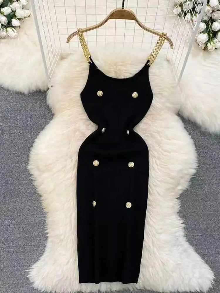 Korean Summer Fashion Women Solid O-neck Button Knitted Midi Dress Sexy Cldub Sleeveless Office Chain Slip Dresses Women Popular