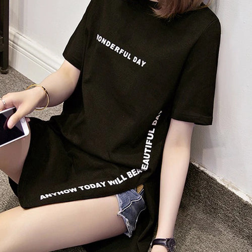 Load image into Gallery viewer, WONDERFUL DAY Print Long T shirts Summer Women Loose Slit Femme Tops Cotton Tshirt Short sleeve Ladies t-shirt
