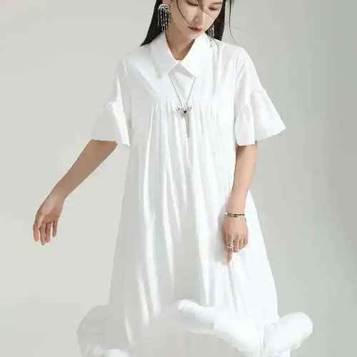 Load image into Gallery viewer, Women White Pleated Hem Ruffles Big Size Shirt Dress New Lapel Short Sleeve Loose Fit Fashion Spring Summer 2025 1DF7190
