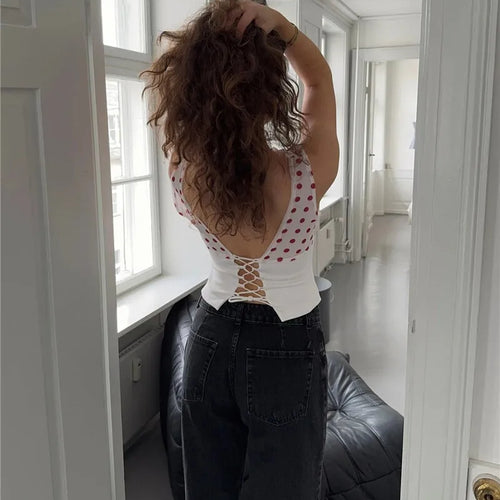 Load image into Gallery viewer, Backless Polka Dot Crop Tops Women Vest Fashion Summer New Oblique Shoulder Sleeveless Tank Tops Pullovers Female
