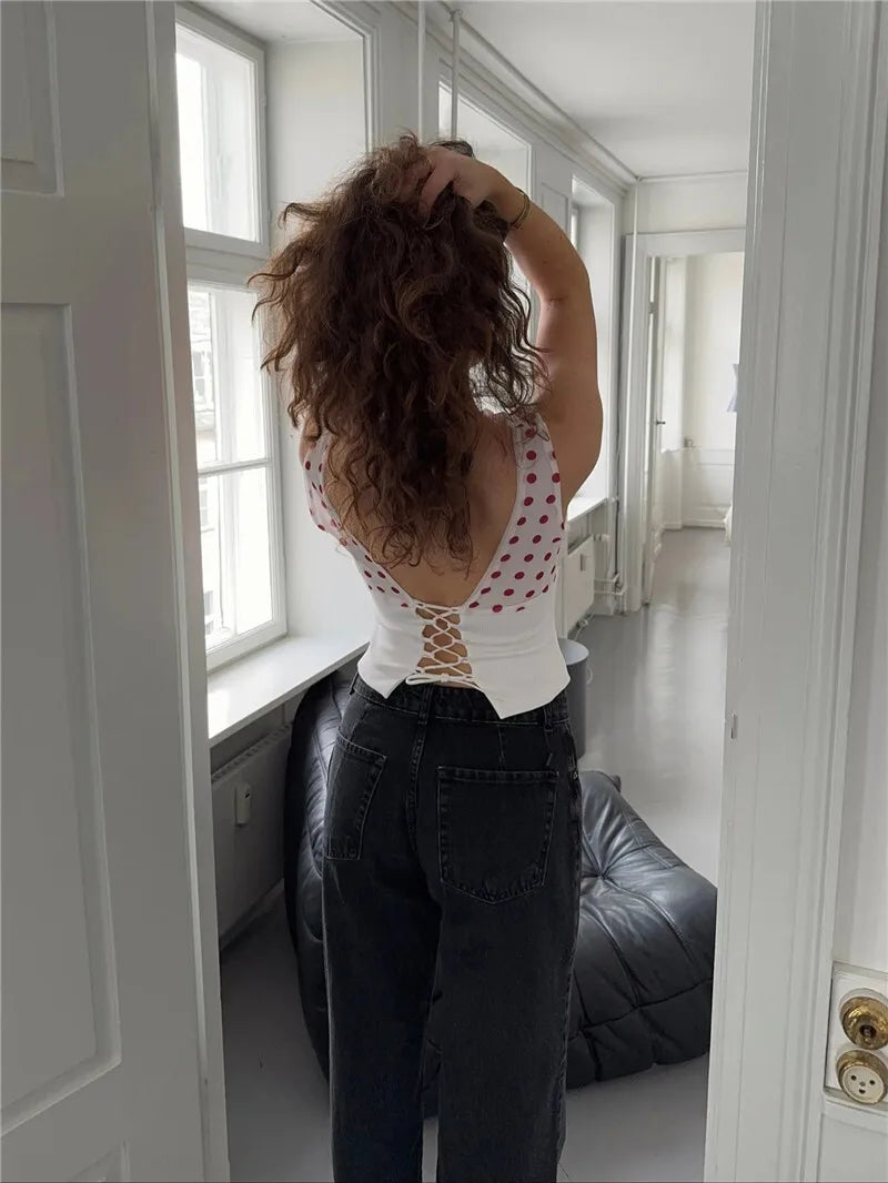 Backless Polka Dot Crop Tops Women Vest Fashion Summer New Oblique Shoulder Sleeveless Tank Tops Pullovers Female