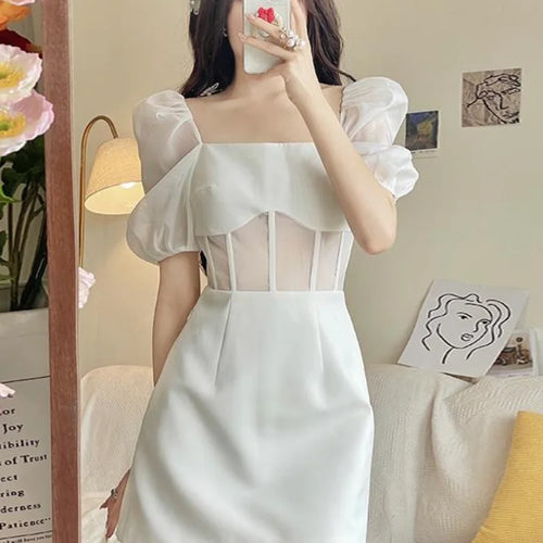 Load image into Gallery viewer, Sexy Lace Mesh White Dress Women Summer Elegant Evening Party Puff Sleeve Short Dresses Sundress Square Collar
