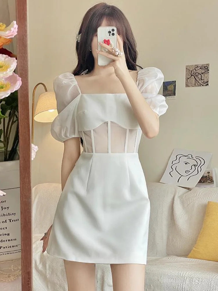 Sexy Lace Mesh White Dress Women Summer Elegant Evening Party Puff Sleeve Short Dresses Sundress Square Collar