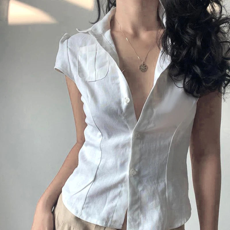 Fashion Chic White Slim Women Blouse Top Short Basic Solid Buttons Puff Sleeve French Korean Shirt Girls Kawaii 2025