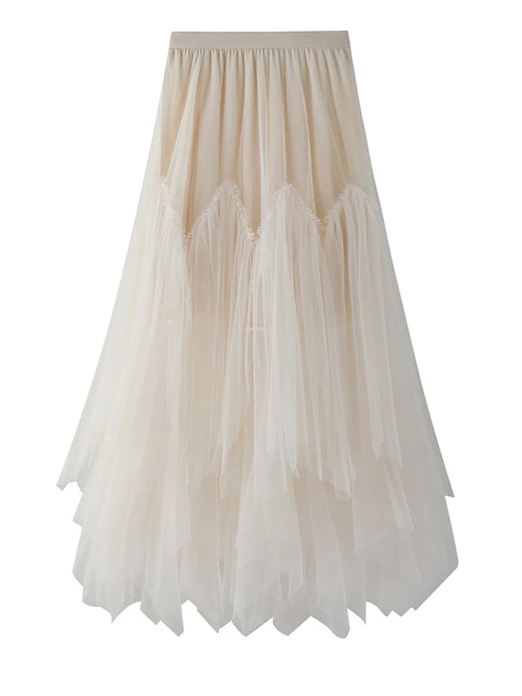 High Elastic Waist Green Irregular Pleated Mesh A-line Half-body Skirt Women Fashion Tide New Spring Autumn 2025 1DJ0436