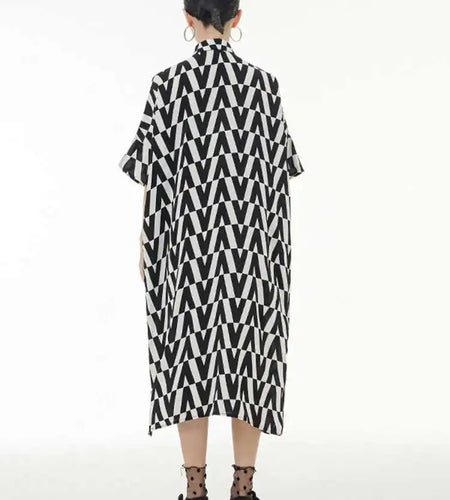 Women Black Pattern Printed Big Size Long Shirt Dress New Lapel Half Sleeve Loose Fit Fashion Spring Summer 2025 1DE9944