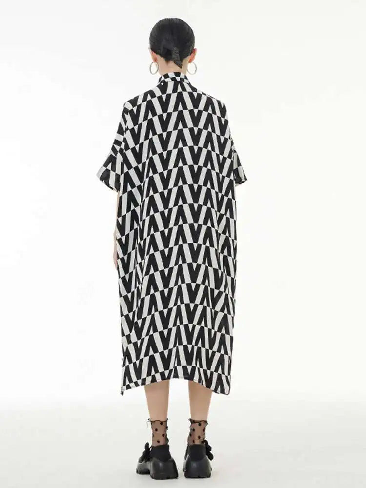 Women Black Pattern Printed Big Size Long Shirt Dress New Lapel Half Sleeve Loose Fit Fashion Spring Summer 2025 1DE9944