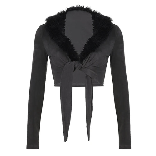 Load image into Gallery viewer, Fashion Fluffy Autumn T shirt Female Faux Fur Trim Collar Crop Top Cardigan Vintage Front Tie-Up Sexy Outwear Jacket
