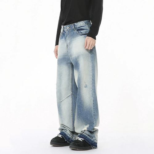Load image into Gallery viewer, Niche Design Men's Denim Trousers Splash-ink Contrast Color Mill White Raw Edge Baggy Male Straight Leg Jeans Chic 9W1268
