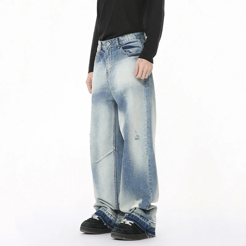 Niche Design Men's Denim Trousers Splash-ink Contrast Color Mill White Raw Edge Baggy Male Straight Leg Jeans Chic 9W1268