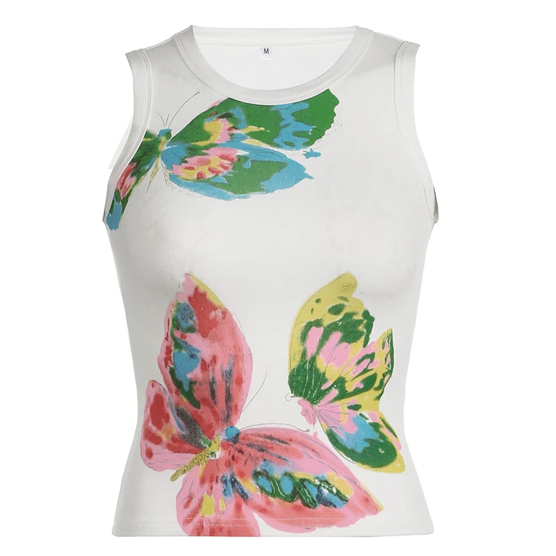 Y2K Aesthetic Butterfly Printed Knit Slim Summer Tank Top Sleeveless Vest Harajuku Retro Crop Tops Kawaii Korean Tees