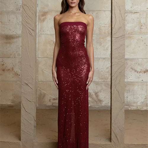 Load image into Gallery viewer, Sequin Strapless High Split Sexy Maxi Dress Women Elegant Off-shoulder Sleeveless Backless Sparkle Floor Length Dress
