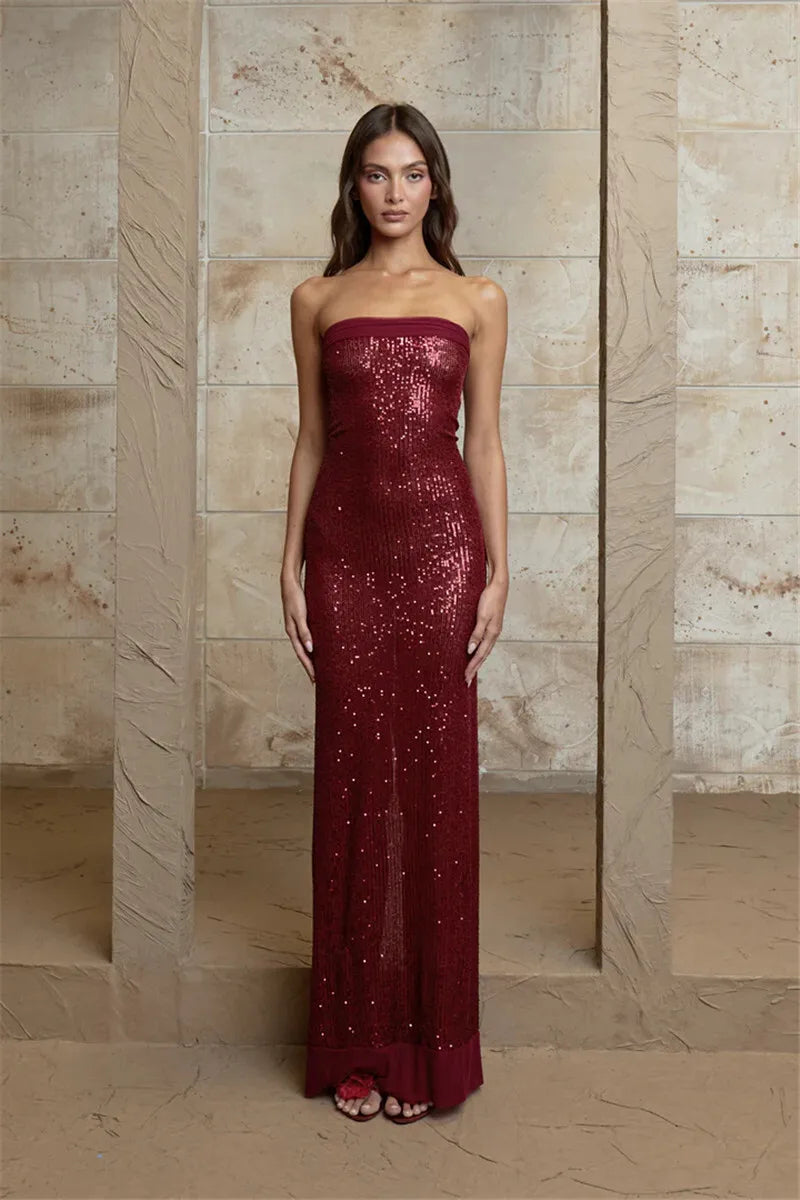Sequin Strapless High Split Sexy Maxi Dress Women Elegant Off-shoulder Sleeveless Backless Sparkle Floor Length Dress
