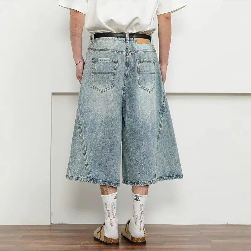 Men's Denim Shorts New American Hign Street Style Washed Loose Pants Solid Color Trendy Wide Leg Male Bottoms 9W1697