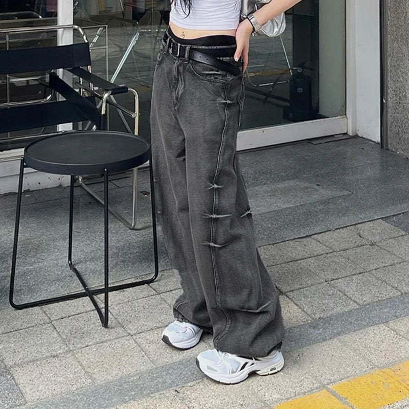 Streetwear Low Waist Distressed Baggy Jeans Y2K Harajuku Gothic Tie Dye Denim Trousers Straight Leg Long Pants Bottom