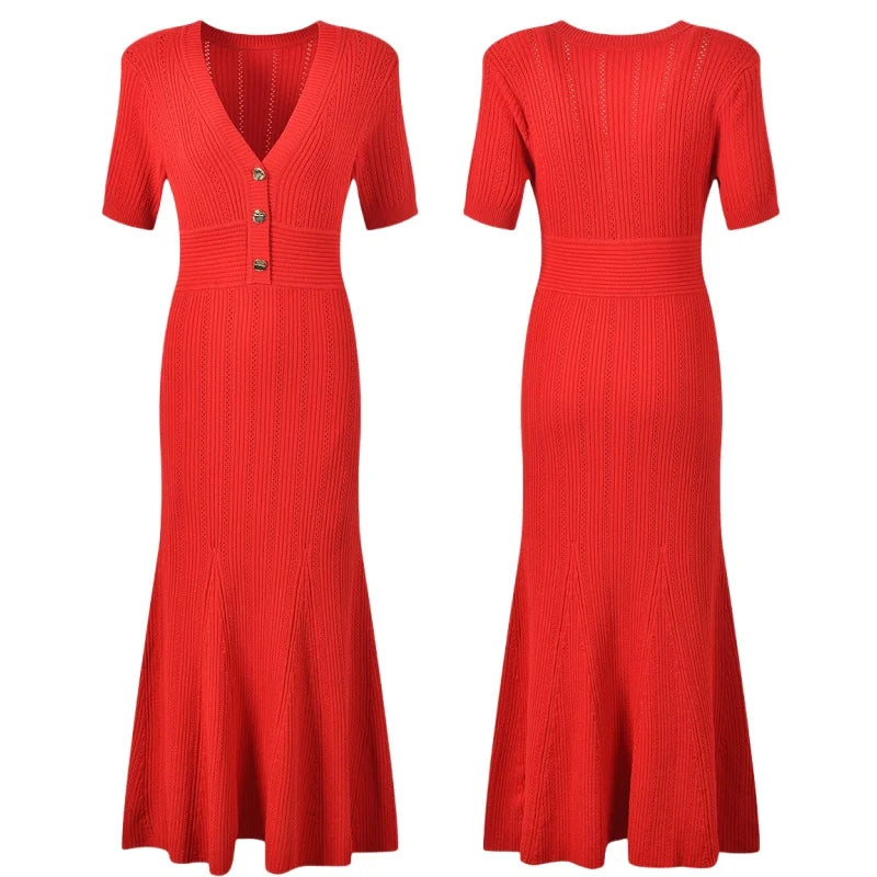 Korean Summer Black White Elegant Office Knit Long Dress Women Blue Red V-neck Slim Short Sleeve Single Breasted Fishtail Dress