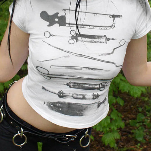 Load image into Gallery viewer, Dark Printed Cropped T Shiirt Gothic Casual Slim O-Neck Short Sleeve Tees Women 2024 Summer Fashion Streetwear Ladies
