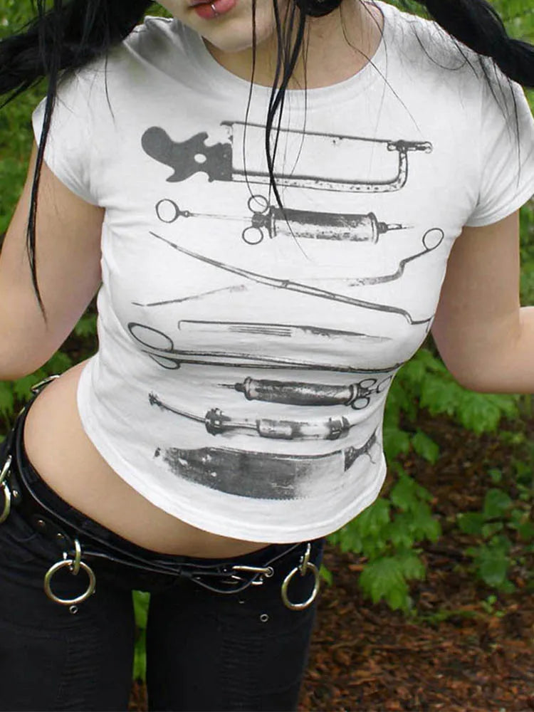 Dark Printed Cropped T Shiirt Gothic Casual Slim O-Neck Short Sleeve Tees Women 2024 Summer Fashion Streetwear Ladies
