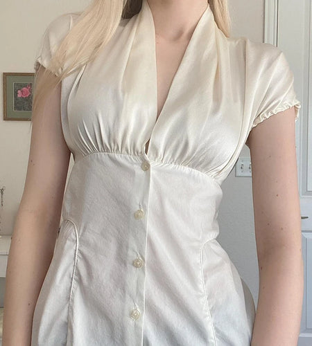 French Style White Puff Sleeve Satin Shirts Women Summer Elegant V-Neck Slimming Button Tops Ladies Casual Blouse New