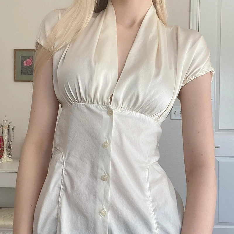 French Style White Puff Sleeve Satin Shirts Women Summer Elegant V-Neck Slimming Button Tops Ladies Casual Blouse New