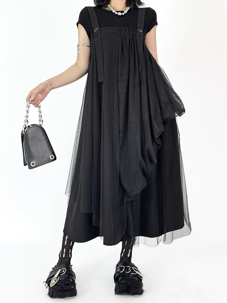 Women Black Irregular Mesh Big Size Strap Dress New Square Collar Sleeveless Fashion Tide Spring Autumn 2025 1DJ1413