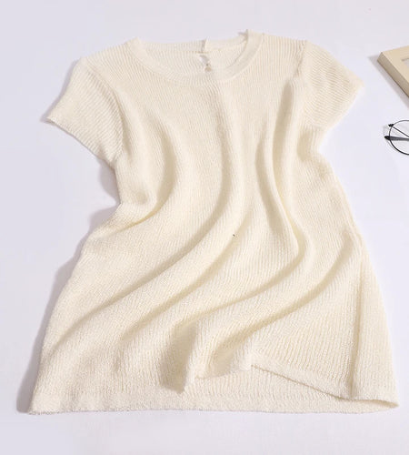 Summer Simple Solid Short Sleeve Hollow Out Knitted T Shirt Women Round Neck Cotton Pullover Tops 2024 Popular Casual Streetwear